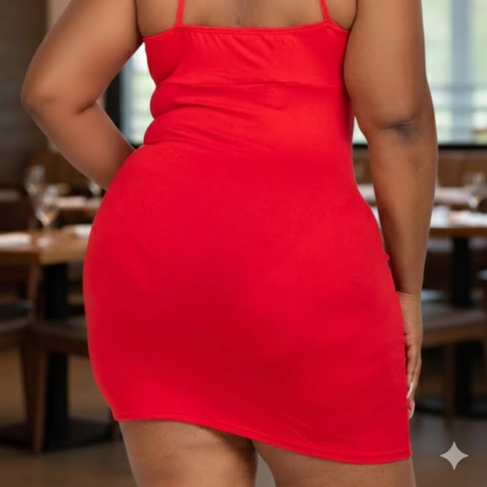 Red Plus Size Ruched Drawstring Mini Dress - Picture 4 of 5